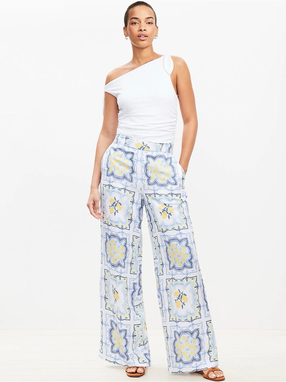 LOFT Women's Wide-Leg Lemon Printed Pants in White, Blue & Yellow